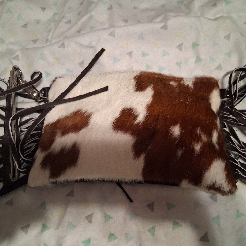 Cowhide Fringe Crossbody Clutch - White & Brown